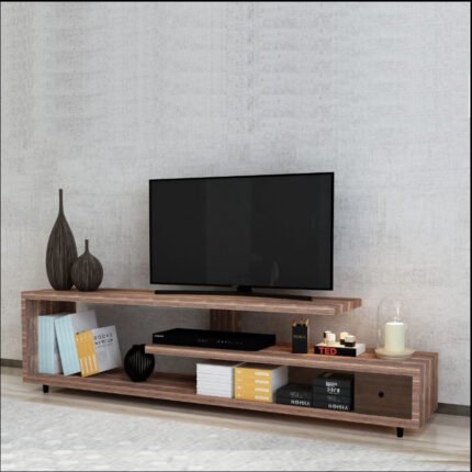 Modern laminated TV unit with open shelves and contemporary design