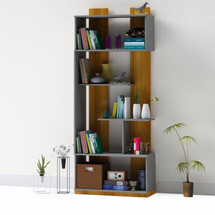 UDL BS-2602 Modern Asymmetrical Book Shelf with charcoal and wood-grain finish