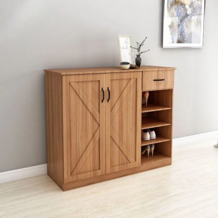 UDL SR-2806 premium laminated board shoe rack with barn door design and storage drawer