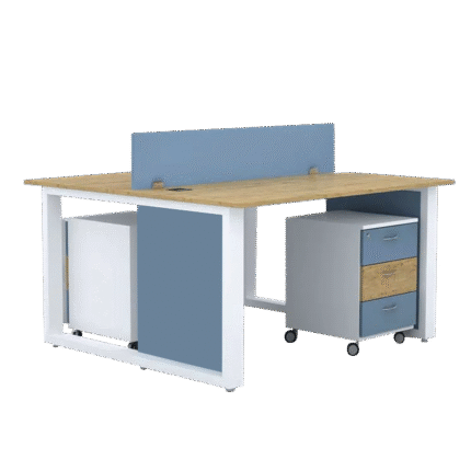 Modern 2-seater office workstation desk with blue partition and mobile pedestal drawers by Ultimate Designs Ltd