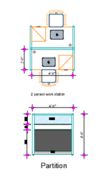 Layout view of 2 Person Cubicle Desk UDL WS-008 showing board partition, aluminum frame, and drawer unit in a modern office setting.