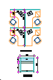Top view layout design of 4 person office workstation with cubic desk, board partition, aluminum frame, and drawer units