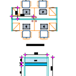 Top-down layout view of a modern 4 person working desk with aluminum and board partition cubicle design and integrated drawers