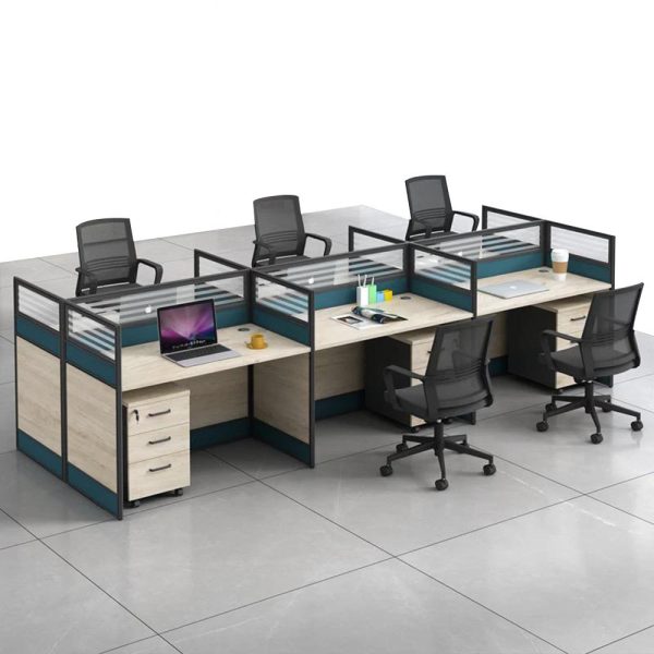 Modern 6 Person Workstation layout featuring cubicle office furniture, aluminum board partitions, and integrated drawer units