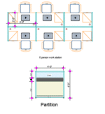 Top view of 6 Person Workstation layout featuring cubicle office furniture with aluminum board partitions and integrated drawer units