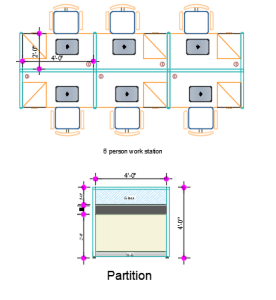 Top view of 6 Person Workstation layout featuring cubicle office furniture with aluminum board partitions and integrated drawer units