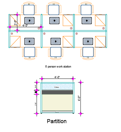 Top view of 6 Person Workstation layout featuring cubicle office furniture with aluminum board partitions and integrated drawer units