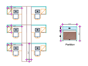 Layout view of 6 Seater Office Desk featuring aluminum board partition, cubicle desk design, drawer unit and side cabinet