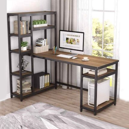 UDL ST-703 Grand Executive Study Desk with 5-tier side bookshelf, CPU stand, and dark walnut finish