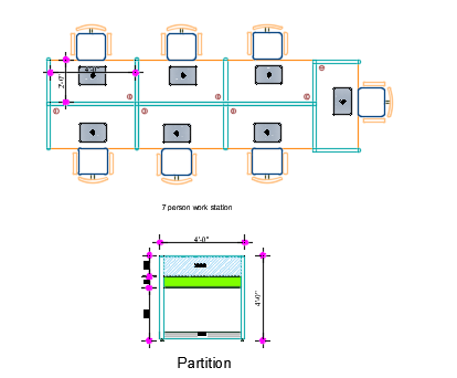 Top view of UDL WS-007 7 Person Workstation layout with cubicle partitions