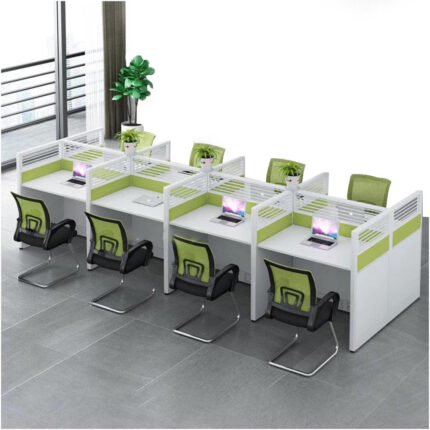 Modern 8 Seater Cubicle Office Table featuring fabric partitions, aluminum frame, and drawer units for office workspace by Ultimate Designs Ltd