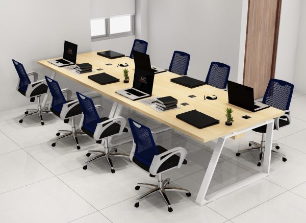 Modern 8-seater wooden workstation desk with ergonomic mesh chairs for office