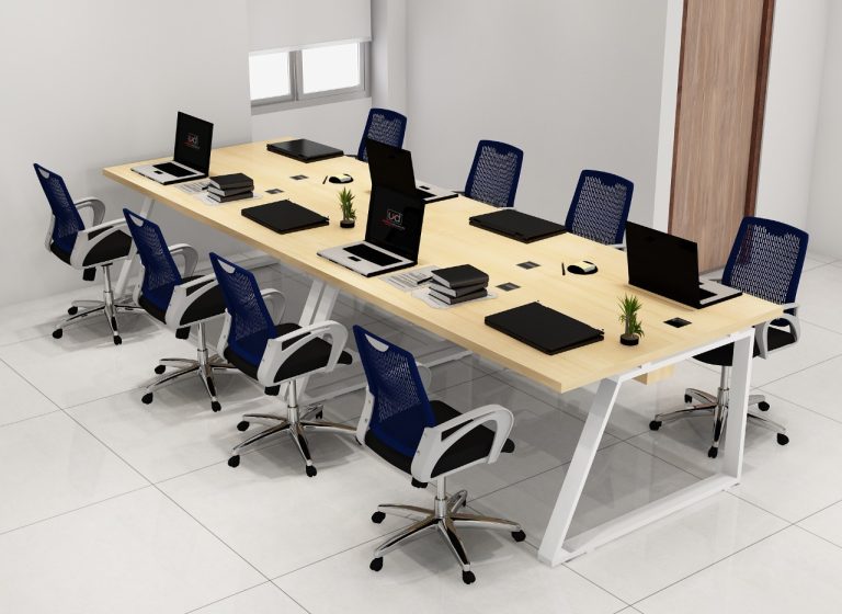 Modern 8-seater wooden workstation desk with ergonomic mesh chairs for office