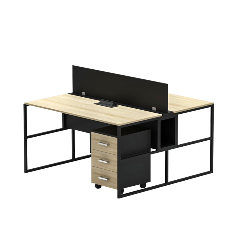 Modern 2-Seater Workstation Desk with Divider and Drawer for Office Use