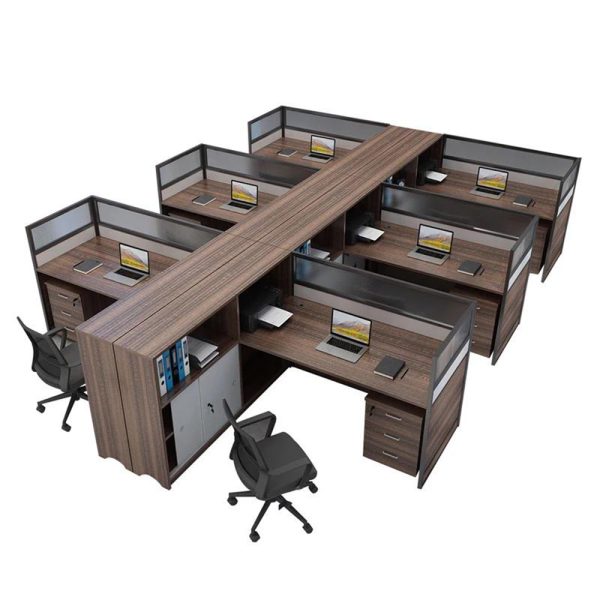 Modern 6 Seater Office Desk with aluminum board partition, cubicle desk, drawer unit and side cabinet