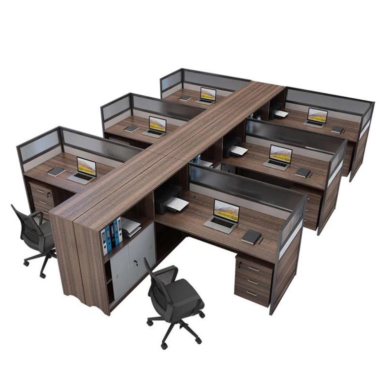 Modern 6 Seater Office Desk with aluminum board partition, cubicle desk, drawer unit and side cabinet