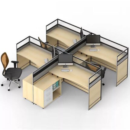 Modern workstation for 4 person with cubic office desk, board partition, and side low-height cabinet