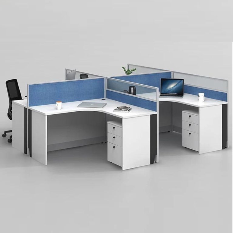 Modern cubicle desk for 4 person with fabric partition, aluminum frame, and integrated drawer unit