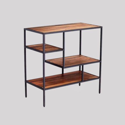modern industrial display rack with metal frame and wooden shelves for home and office storage