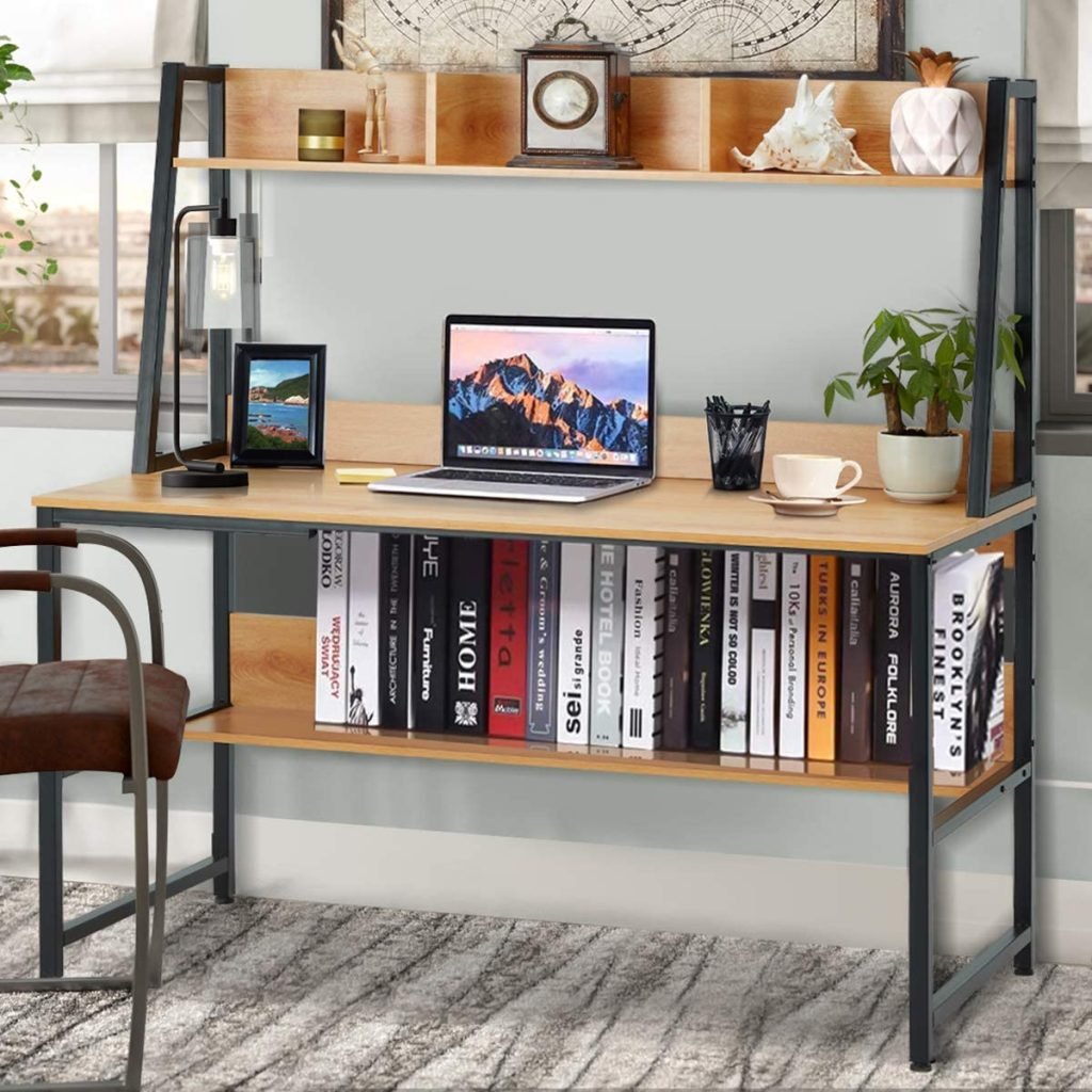 UDL ST-702 study desk with top hutch, full-length lower bookshelf, and industrial metal frame
