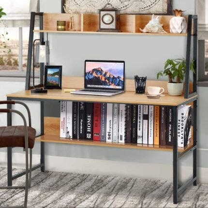 UDL ST-702 study desk with top hutch, full-length lower bookshelf, and industrial metal frame