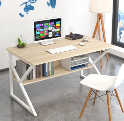 UDL ST-704 Z-shaped modern study desk with integrated under-desk bookshelf and white metal frame