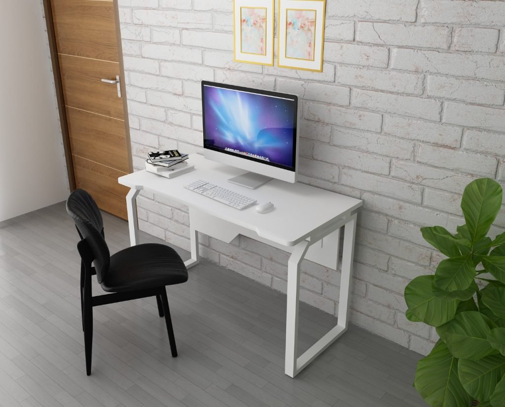 UDL ST-705 sleek all-white study desk with center drawer and angled metal frame
