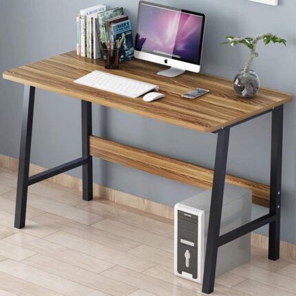 UDL ST-707 compact study table with tigerwood top and black A-frame metal legs