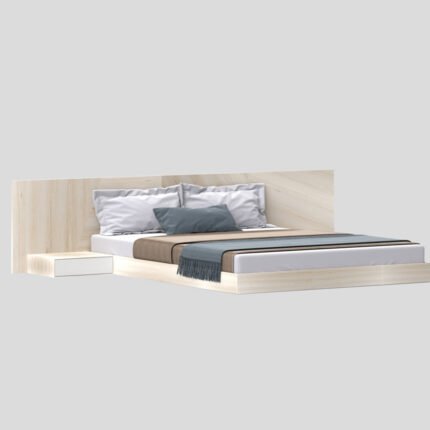 Modern Double Size Bed UDL LB-902 in light wood finish with integrated side table.