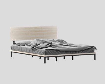 Modern melamine board bed with minimalist design, light wood headboard and metal legs, suitable for contemporary bedroom interior