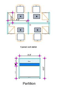 Modern 4 Person Office Workstation with Aluminum and Board Partition, Drawer Unit Layout View