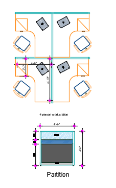 Layout view of cubicle desk for 4 person featuring fabric partitions, aluminum frame, and integrated drawer units