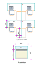 Layout view of workstation for 4 person featuring cubic office desk, board partition with aluminum frame, and side low-height cabinet