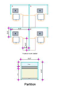 Layout view of workstation for 4 person featuring cubic office desk, board partition with aluminum frame, and side low-height cabinet