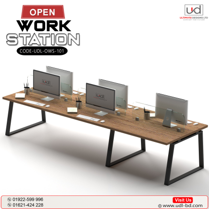 Open workstation desk with modern glass partition design by Ultimate Designs Ltd – model UDL-OWS-100.