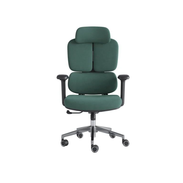 Green luxury director chair with ergonomic padding and chrome legs.
