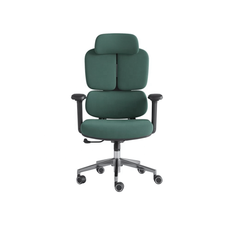 Green luxury director chair with ergonomic padding and chrome legs.