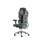 Side-view green director chair with adjustable armrests and ergonomic back padding.
