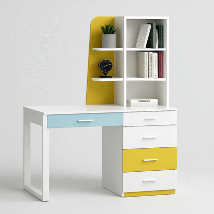 Yellow and white study table with upper bookshelf – UDL ST-12 (4) by Ultimate Designs Ltd.