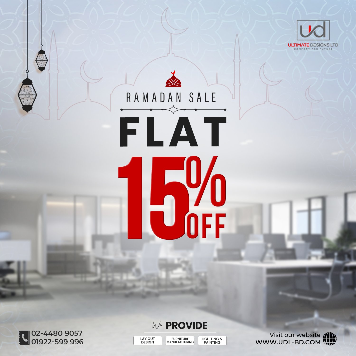 Ultimate Designs Ltd Ramadan Sale banner offering flat 15 percent discount on office interior and furniture services in Bangladesh