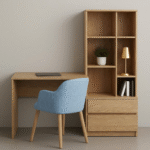 Modern study desk with top bookshelf in light wood finish | UDL ST-14