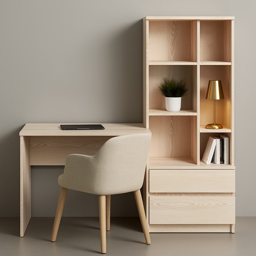 Modern study desk with storage shelf in natural beige finish | UDL ST-14