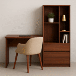 Dark wood finish study desk with high shelving unit and chair | UDL ST-15
