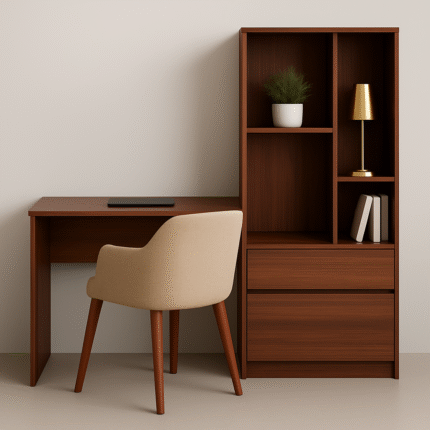 Dark wood finish study desk with high shelving unit and chair | UDL ST-15