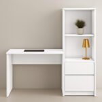 White modern study desk with attached bookshelf and drawers | UDL ST-16