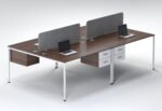 Dark Walnut 4-Seater Desk with White Legs and Grey Screen