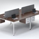 Dark Walnut 4-Seater Desk with White Legs and Grey Screen