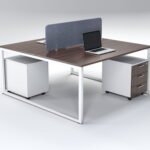 Dark Walnut 2-Person Workstation with White Legs and Grey Screen