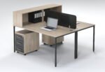 2-Seater Modern Office Desk with Overhead Cabinet and Black Screen