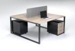 Light Oak 2-Person Office Cubicle with Grey Screen and Black Frame